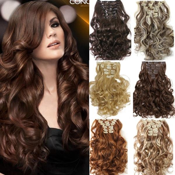 Fashion Sexy Natural Wavy Curly Synthetic 7pcs/set Hairpieces Clip In Hair Extensions Wigs 16 Colors