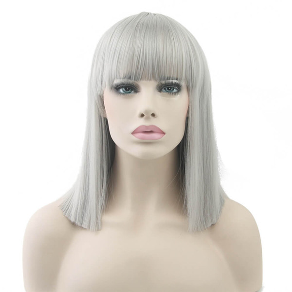 Short Straight Heat Resistant Synthetic Hair Gray Nature Black Women Party Cosplay Wigs