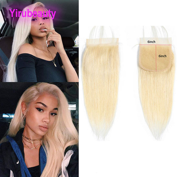 Indian Human Hair 6X6 Lace Closure Blonde Light Color 613# Straight 12-20inch Middle Three Free Part Straight Top Closures