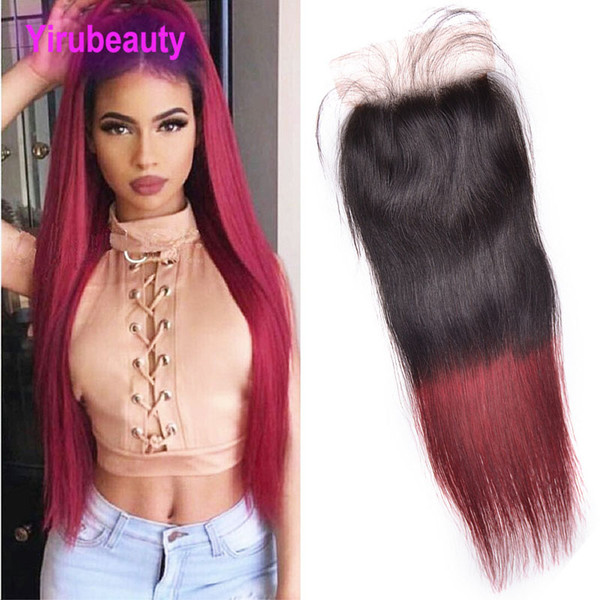 Peruvian Human Hair 1B/99j Straight Body Wave 4X4 Lace Closure Middle Three Free Part 1B 99j Ombre Hair Top Closures