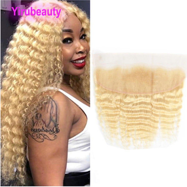 Brazilian Virgin Hair Deep Wave 13X4 Lace Frontal Blonde 613# Kiny Curly 13 By 4 Frontal With Baby Hair Pre Plucked Deep Curly 10-22inch