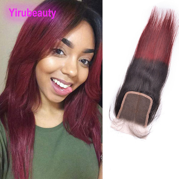 Brazilian Virgin Hair 1B/99J Ombre Human Hair Straight 4X4 Lace Closure With Baby Hair Middle Three Free Part 1B 99J Body Wave