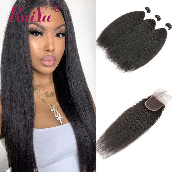 Kinky Straight Human Hair Weave 3 Bundles With Closure 100% Remy Hair Extensions Brazilian Peruvian Malaysian Indian Coarse Yaki Hair Wefts