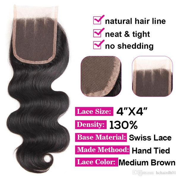 Cheap Wholesale Price Lace Closure 4*4 inch Free Middle Three Part 130% Density Natural Black Straight Body Brazilian Human Hair Top Closure