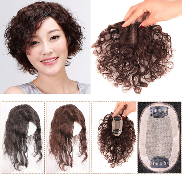 Brown Wavy Human Hair Toupee Top For Hair Loss Natural Silk Base Topper Hairpiece Breathable Clip In Hair For Women