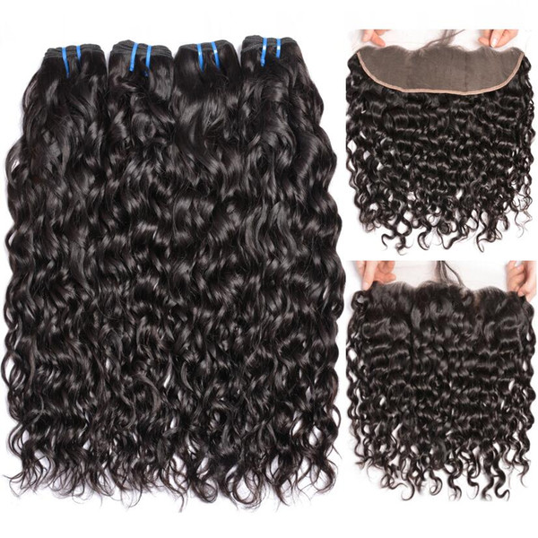 Water Lace Frontal with 4 Bundles Brazilian Human Hair Weave Bundles Wet and Wavy Water Wave 4 Bundles with Frontal