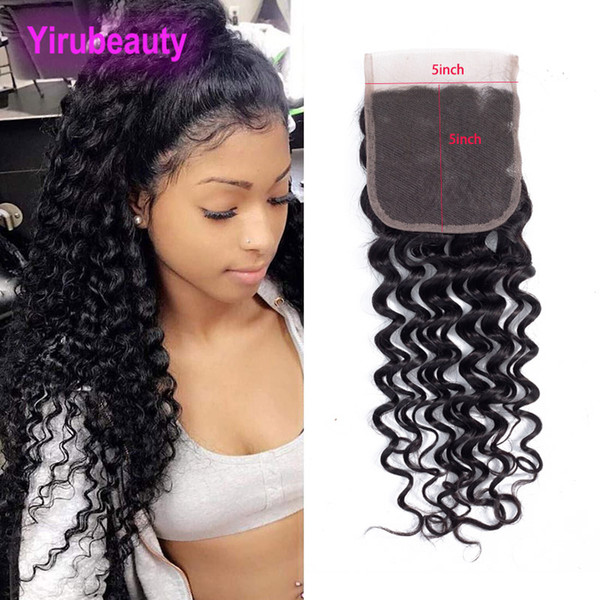 Peruvian Unprocessed Human Hair 5X5 Lace Closure Deep Wave Curly Middle Three Free Part Natural Color Five By Five Lace Size