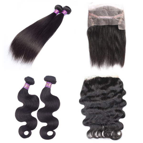 Straight 2 Bundles Wefts With 360 Lace Frontal Closure Body Wave Human Hair Lace Frontal Brazilian Indian Malaysian Mongolian Peruvian Hair