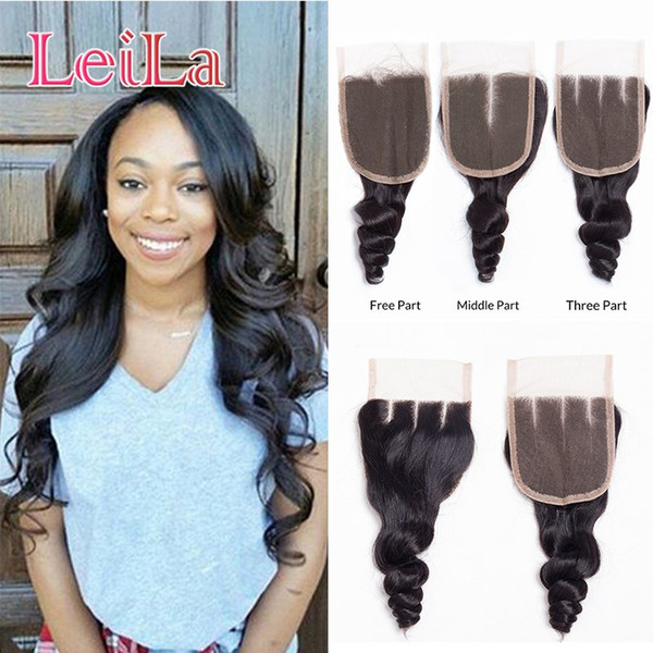 Loose Wave 100% Virgin Peruvian Hair Middle Three Free Part Lace Closures 4x4 Natural Color 8-22 Inch Medium Brown Color Lace Leilahair