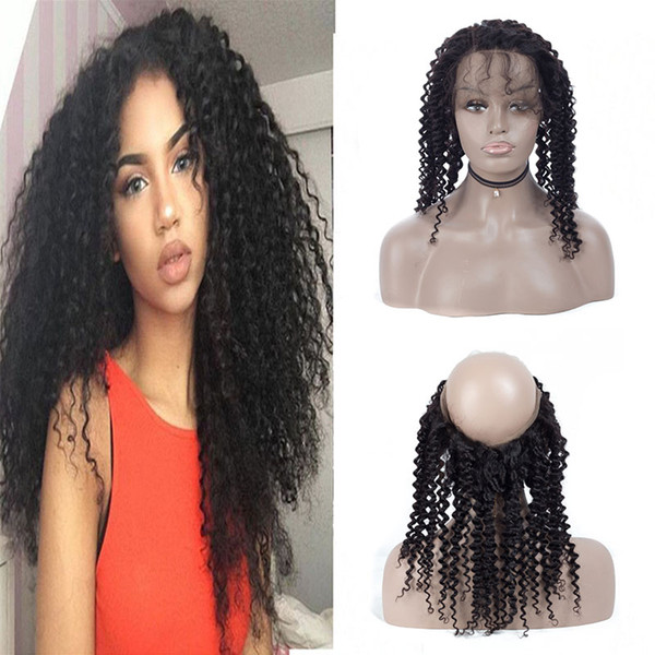 Brazilian Virgin Hair 9A Kinky Curly 360 Lace Frontal Pre Plucked With Baby Hair Free Part Natural Black Lace Closure Frontal 8-24inch