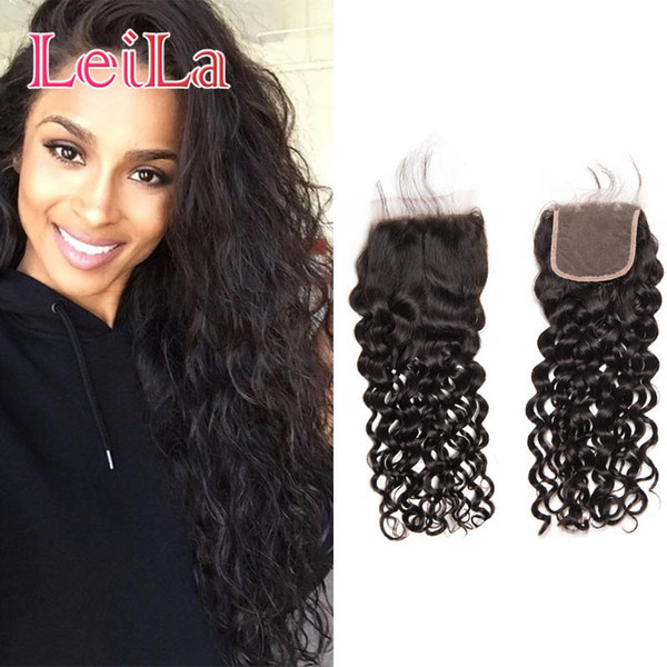 Water Wave Human Hair Lace Closure 4X4 Baby Hair Natural Color 8-24inch Peruvian Virgin Hair Wet And Wavy Curly Closure