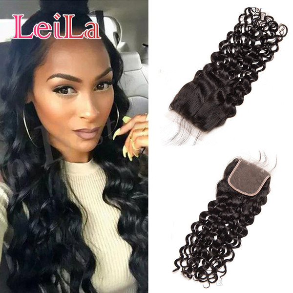 Indian Raw Virgin Hair Lace Closure 4X4 Middle Free Three Part Water Wave Natural Color Indian Human Hair Wet and Wavy Closures