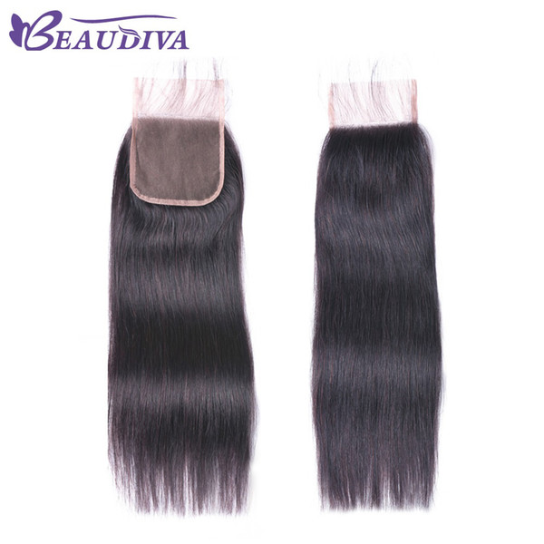 BEAUDIVA 4*4inch Straight Lace Closure With Baby Hair Natural Color Middle Part Peruvian Hair 100% Human Hair Closure