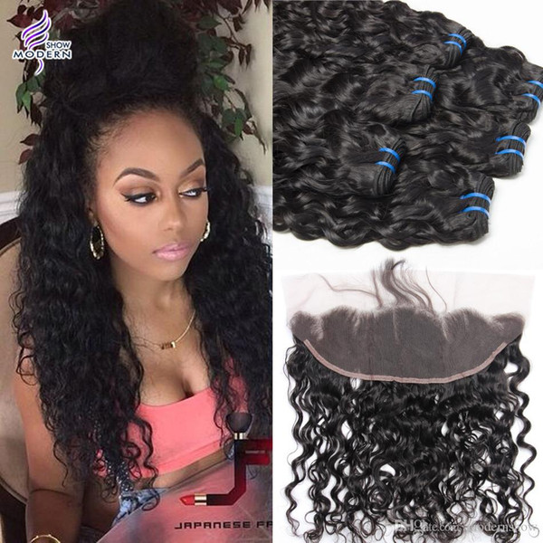 Brazilian Virgin Hair Lace Frontal Closure with Bundles Brazilian Human Hair Weave Bundles Wet and Wavy Water Wave 3 Bundles with Closure