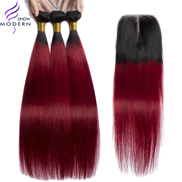 Modern Show brazilian hair Straight Bundles with Frontal Ombre Hair Bundles 1b/Burgundy Unprocessed Human Hair