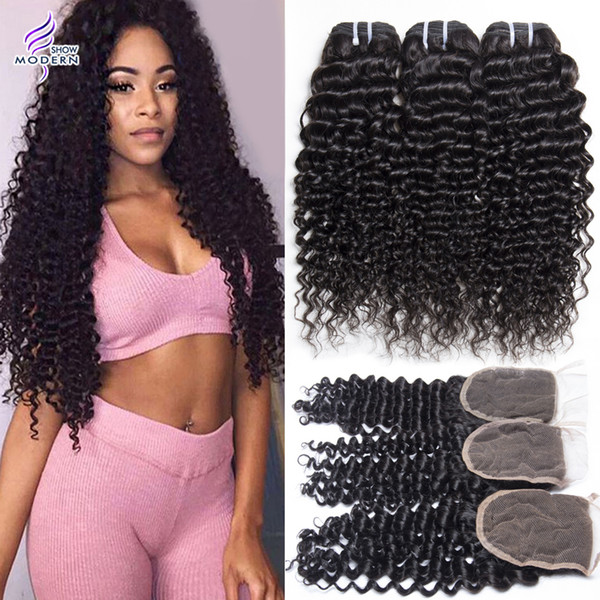 Modern Show Hair Brazilian Curly Wave Virgin Hair Bundles with Lace Closure 3 Bundles Curly Human Hair Weaves with Closure