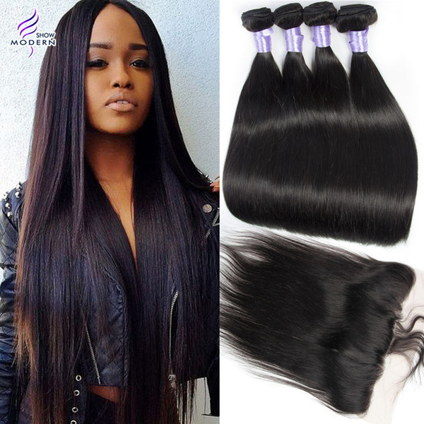 Brazilian Virgin Hair Straight 4 Bundles with Lace Frontal Closure Unprocessed Brazilian Human Hair Bundles with Frontal Modern Show Hair