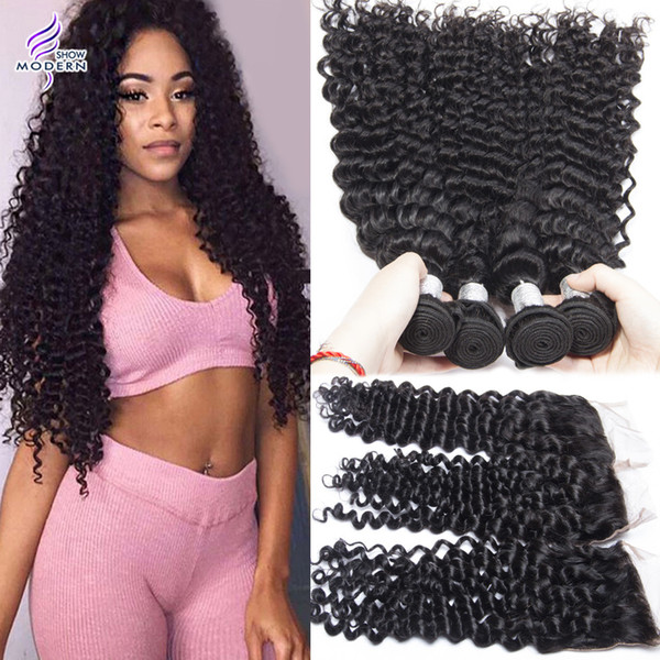 Modern Show Peruvian Curly Wave Virgin Hair 3 Bundles with Lace Closure Peruvian Human Hair Weaves