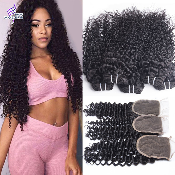 Modern Show Hair Brazilian Human Hair Weaves Curly Wave 4 Bundles with Lace Closure Unprocessed Brazilian Virgin Hair Bundles with Closure