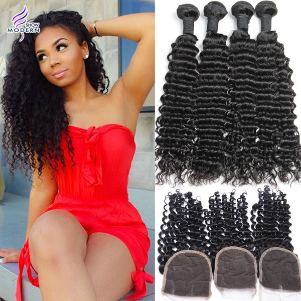 New Arrival Malaysian Curly Weave Human Hair Bundles Malaysian Virgin Hair 4 Bundles with Lace Closure Modern Show Hair