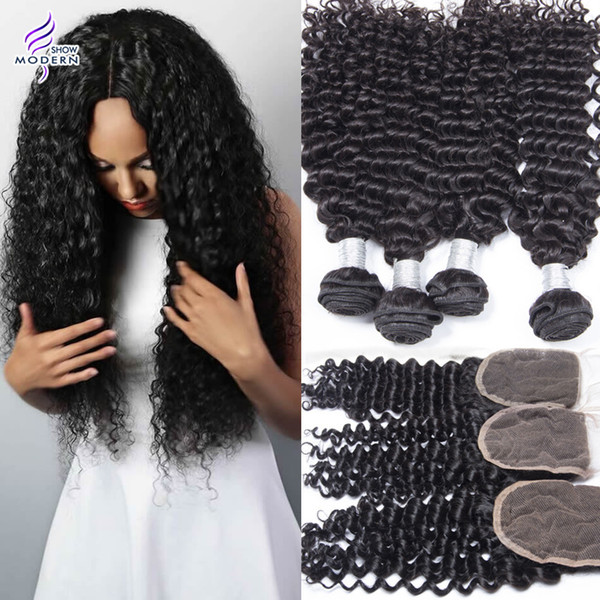 Modern Show Hair Curly Weave 4 Bundles Peruvian Curly hair with Closure Peruvian Human Hair Weave Bundles