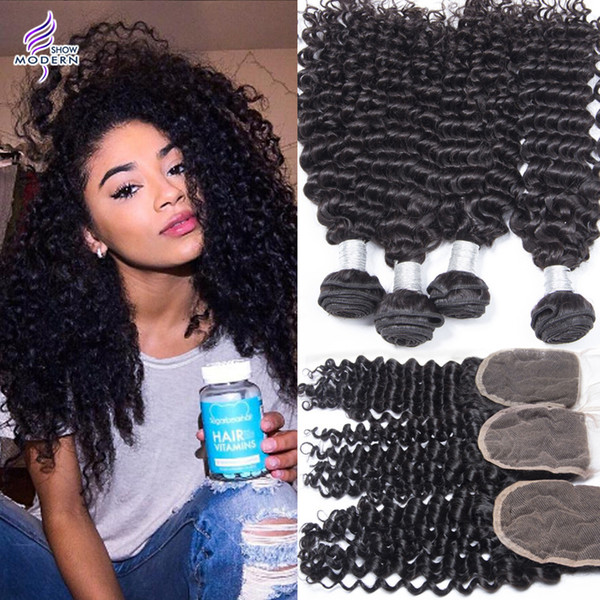 Modern Show Hair Peruvian Curly Wave Human Hair Unprocessed Peruvian Virgin Hair 4 Bundles with Closure