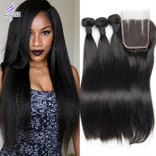 Brazilian Hair Bundles Straight Human Hair Bundles with Closure Natural Black 3 Bundles Brazilian Virgin Hair with Lace Closure