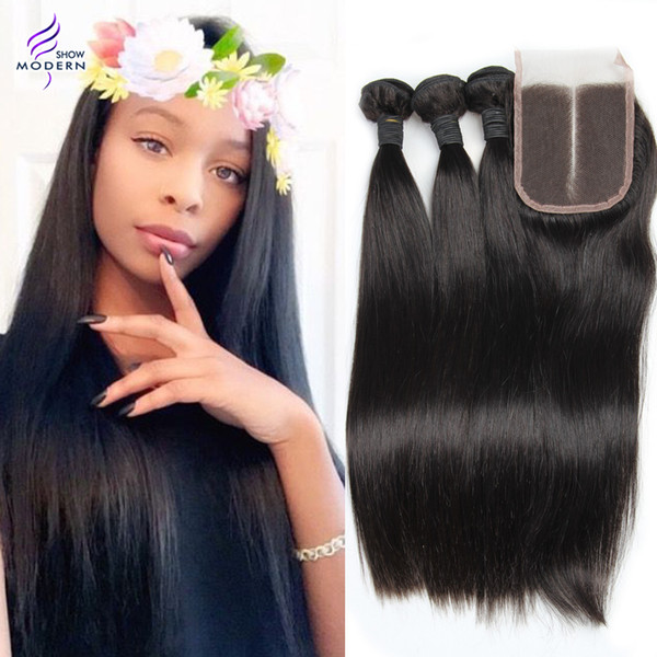 Brazilian Virgin Hair Straight with Lace Closure Unprocessed Brazilian Human Hair 3 Bundles with Closure Modern show Hair Producrs