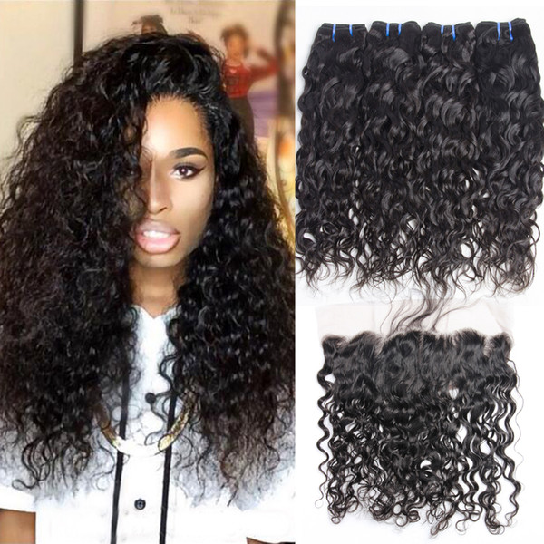 Brazilian Hair 3 Bundles with Lace Frontal Closure Brazilian Water Wave Human Hair Weave Brazilian Virgin Hair Ear to Ear Lace Frontal