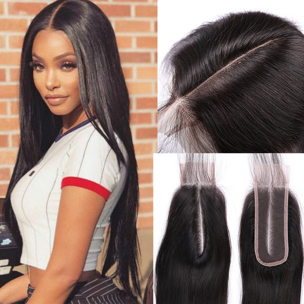 Brazilian Straight hair Lace Closure 2*6 inch with Baby Hair 100% Human Swiss lace middle part remy Bleached Knots With Baby Hair