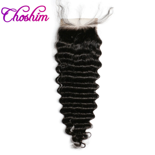 Deep Wave Lace Closure Human Hair Natural Color Brazilian Choshim KL 4x4 Three Part Remy Hair Closure Bleached Knots With Baby Hair