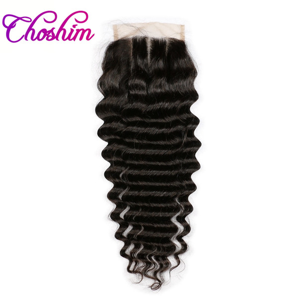 Three Part Deep Wave Lace Closure Human Hair Natural Color Choshim KL 4x4 Brazilian Remy Hair Closure Bleached Knots With Baby Hair