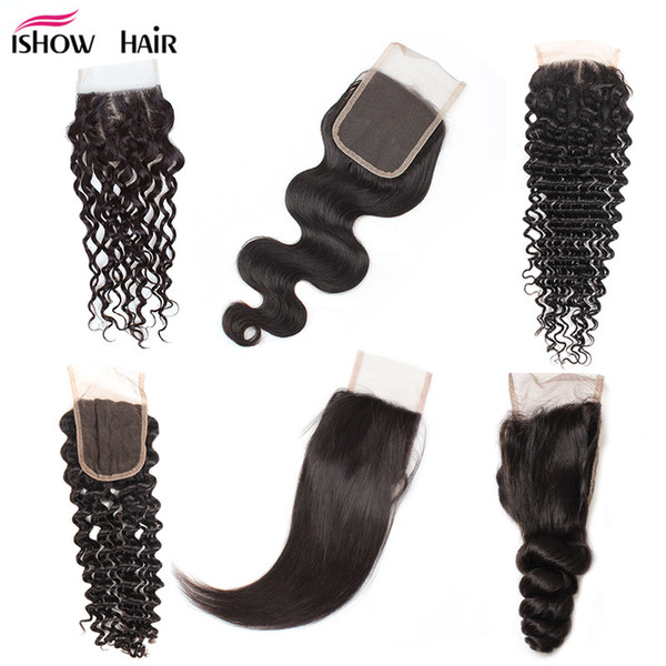 8A Cheap Brazilian Human Hair Closure 4*4 Waterwave Peruvian Hair Deep Body Loose Wave Straight Free Part Swiss Lace Closure Free Shipping