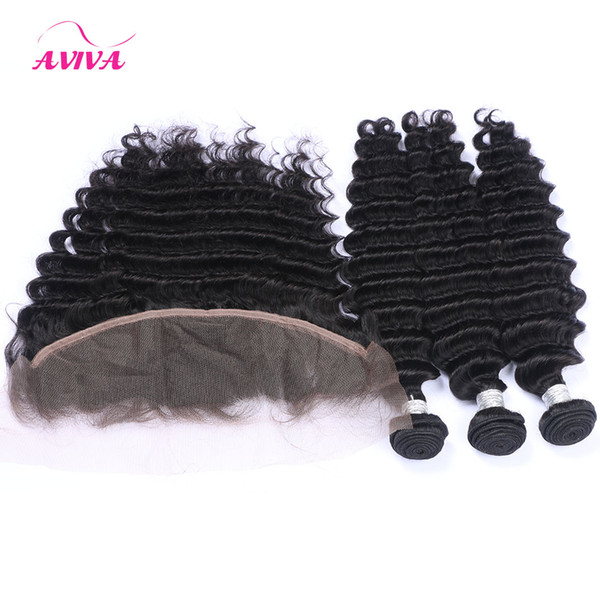 Brazilian Virgin Hair Weaves With Lace Frontal Closure Deep Wave Curly 3 Bundles Peruvian Indian Malaysian Cambodian Remy Human Hair Closure