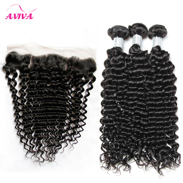 Brazilian Curly Virgin Hair Weaves With Lace Frontal Closures 3 Bundles Peruvian Indian Malaysian Cambodian Deep Jerry Curly Remy Human Hair