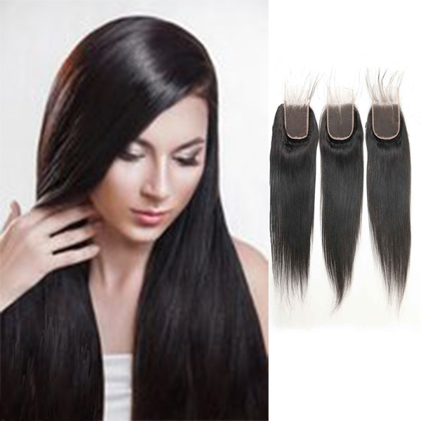 Grade 9A Straight Human Hair Closure Peruvian Virgin Free Part/Middle Part/Three Part 4*4 Closure 8inch-22inch For Sale