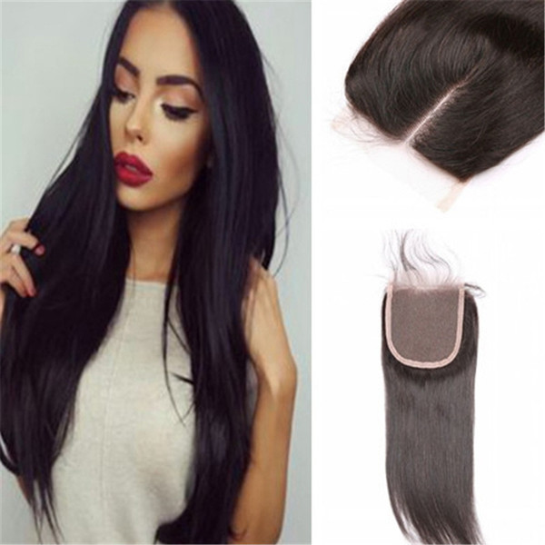 Straight 100% Virgin Peruvian Hair 3 Part Lace Closures 4x4 Natural Color 8-26 Inch Medium Brown Color Lace