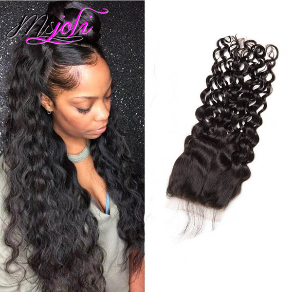 Peruvian Raw Human Hair 4X4 Lace Closure Water Wave Closure With Baby Hair Middle Free Three Part 8-24inch Wet And Wavy