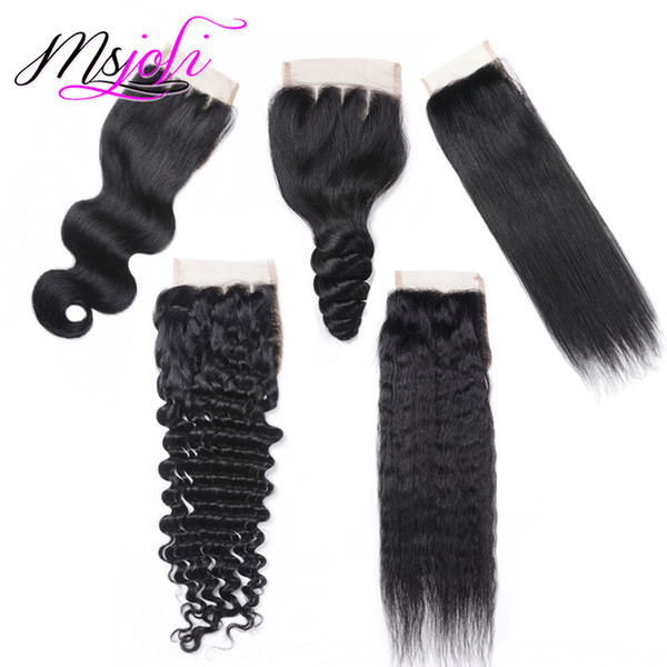 Brazilian Vrigin Human Hair Closure 4x4 Deep Wave Body Wave Loose Wave Straight Kinky Straight Middle Free Three Part From MsJoli