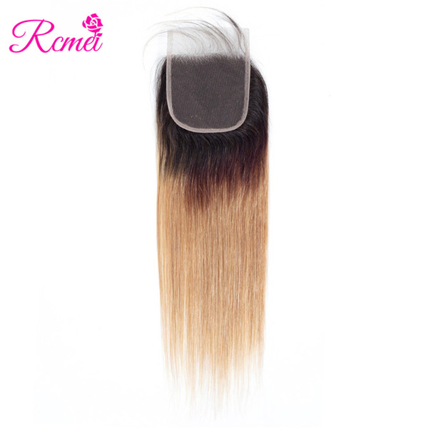 Rcmei Ombre Hair 1B/27 Straight Brazilian 4*4 Free part Lace Closure With Baby Hair Pre-colored Human Hair Top Clousre 