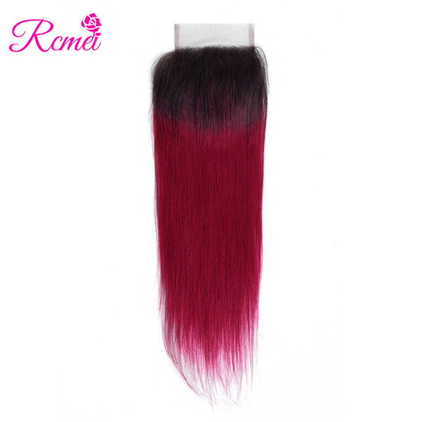 Rcmei Ombre Burgundy Brazilian Straight Hair 4*4 Lace Clousre T1B/ Burg Human Hair Free Part Closure With Baby Hair