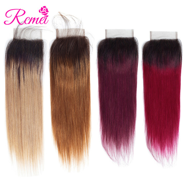 Rcmei Peruvian Pre-Colored Ombre Hair 1b/27 1b/30 1b/99j 1b/burgundy Straight Hair Free/Middle/Three Part Lace Closure 10-20 Inch