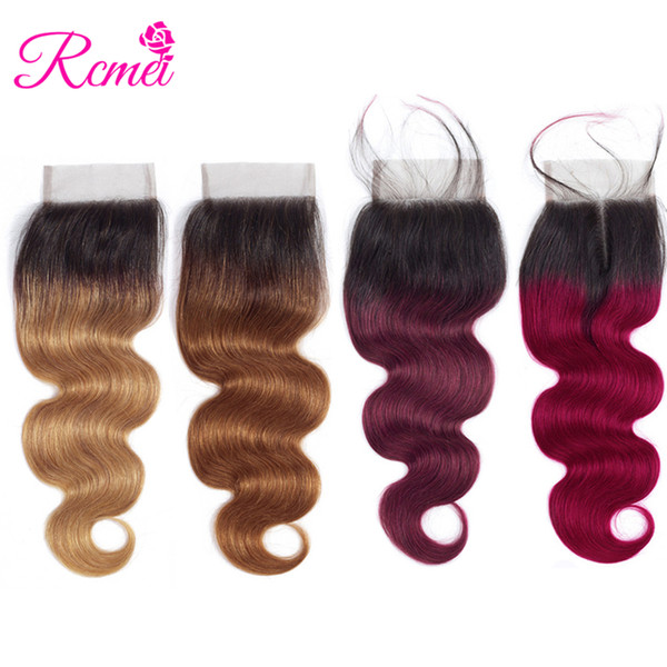 Rcmei Pre-Colored Ombre Hair 1b/27 1b/30 1b/99j 1b/burgundy Peruvian Body Wave Hair Lace Closure Free/Middle/Three Part