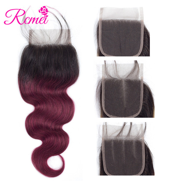 Rcmei 4*4 Body Wave Lace Closure Free/Middle/Three Part Human Hair 1B/99J Color Brazilian Hair Closure Bleached Knots