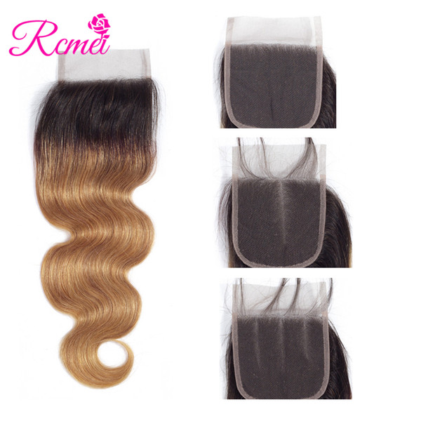 Rcmei Brazilian Human Hair 4*4 Lace Closure Free/Middle/Three Part T1b/27 Ombre Color Closure 10-20 Inch