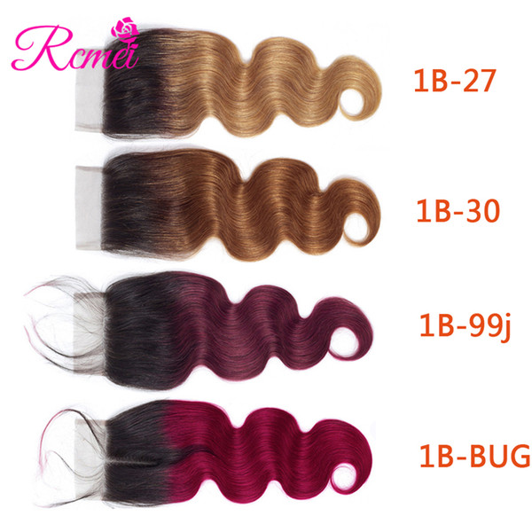 Rcmei Ombre Hair Product Malaysian Body Wave Human Hair Lace Closure 4*4 Free/Middle/Three Part 1B-27/30/99j/burgundy 1 pc only