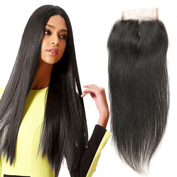 Brazilian Remy Straight Human Hair Lace Closure Middle Part/Free Part/Three Part Natural Color Bleached Knots Pre Plucked With Baby Hair