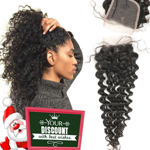 Peruvian Deep Wave Lace Closure With Baby Hair 4X4 Remy Human Hair 130% Density Natural Black Color Middle Part/Free Part/Three Part