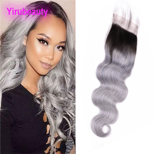 Peruvian Unprocessed Human Hair 4X4 Lace Closure Middle Three Free Part 1B/Grey Four By Four Lace Closure Body Wave 1B Grey Ombre Hair