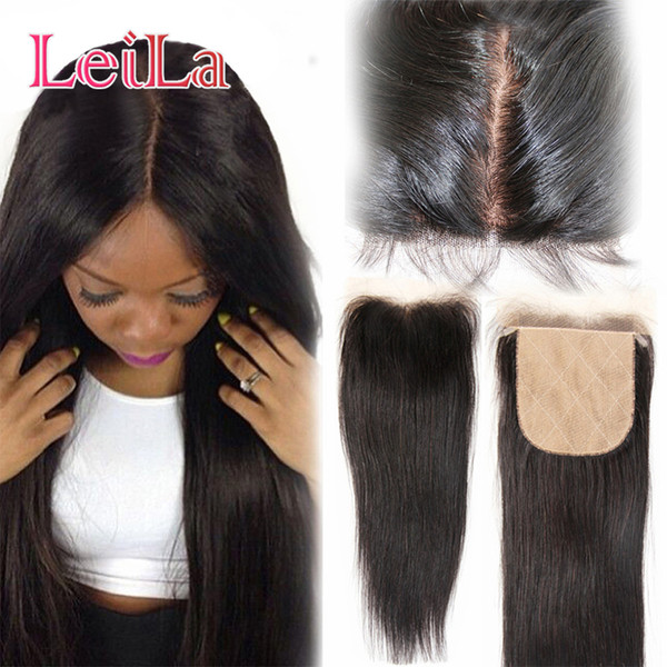 Peruvian Virgin Human Hair Silk Base Straight Hair 4X4 Lace Closure Silk Base Bleached knots Natural Color 25-50/g Top Closures